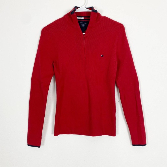Vintage Tommy Hilfiger Red Knit Quarter Zip Sweater - Picture 1 of 4